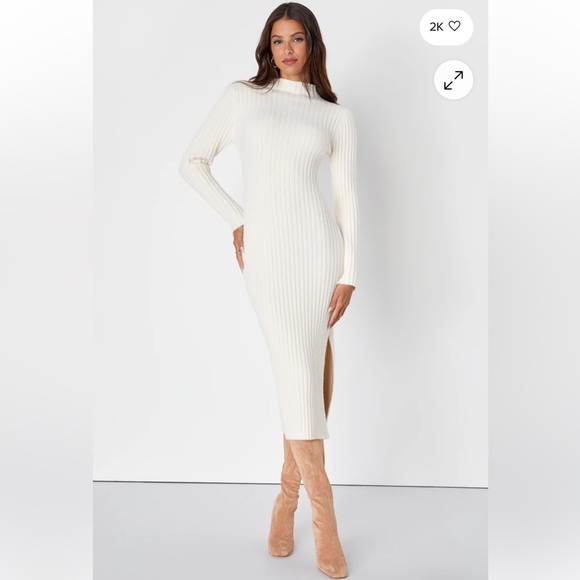 Lulu's Irresistible Feelings Ivory Fuzzy Knit Midi Sweater Dress - Picture 1 of 5